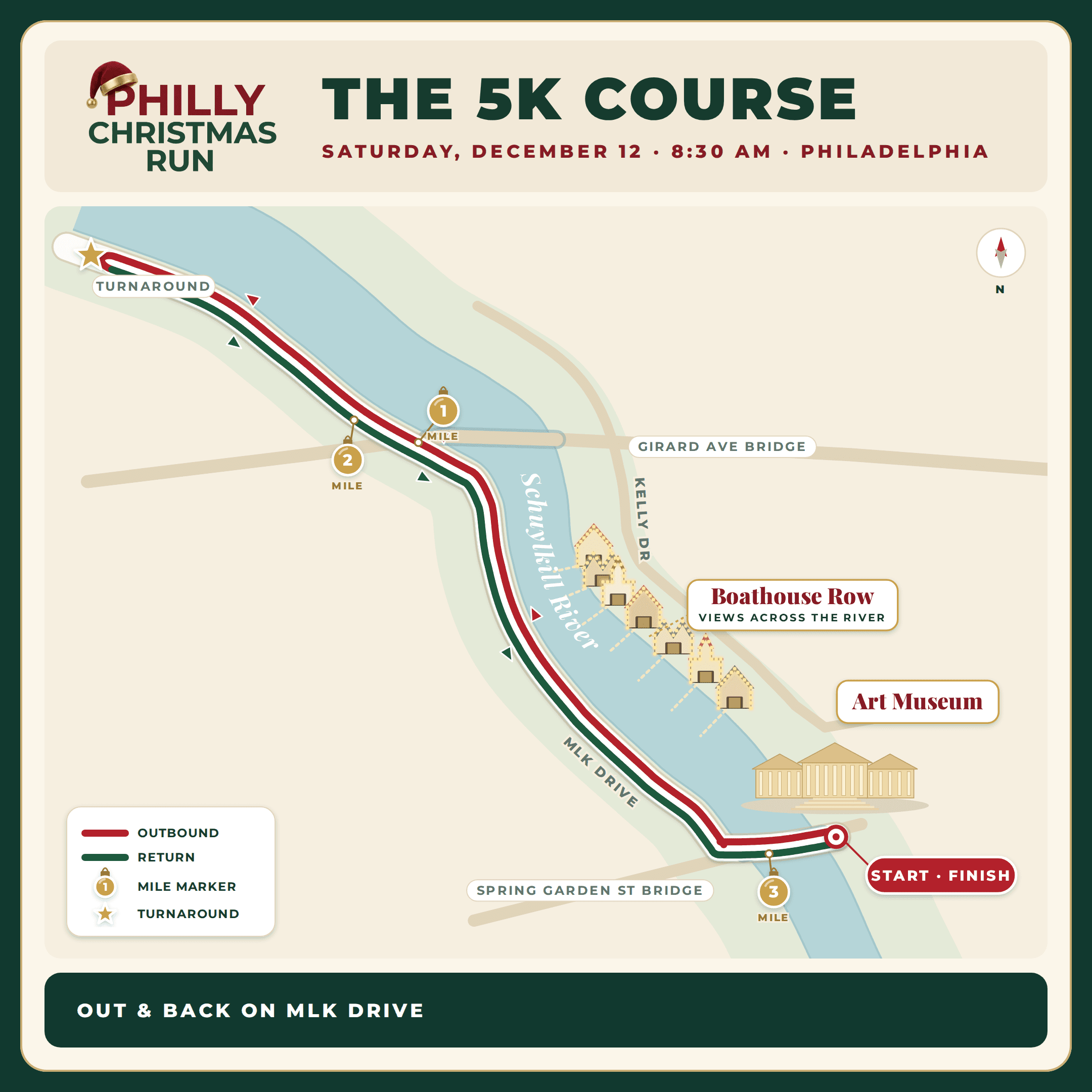 Philly Christmas Run 5K course map: an out-and-back route on MLK Drive along the Schuylkill River, starting and finishing beside the Philadelphia Museum of Art, with a turnaround past the Girard Avenue Bridge.